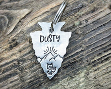 Load image into Gallery viewer, Arrow head dog tag with mountain range, sunrise & cute fox