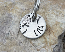 Load image into Gallery viewer, Cat name tag, hand stamped flower design & leaves