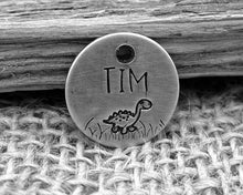 Load image into Gallery viewer, Cat name tag, hand stamped with cute dino