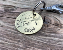 Load image into Gallery viewer, Dog id tag, hand stamped with wolf head, mountains & star design
