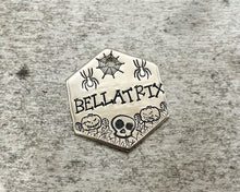 Load image into Gallery viewer, Halloween hexagon dog tag, hand stamped small pet id tag with skull and cobweb design