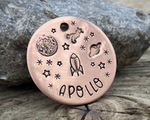 Load image into Gallery viewer, Dog name tag, hand stamped with moon, stars, planets & spaceship