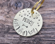 Load image into Gallery viewer, Dog id tag, hand stamped with leaves & stars