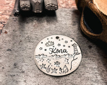 Load image into Gallery viewer, hand stamped pet id tag with lighthouse and fish