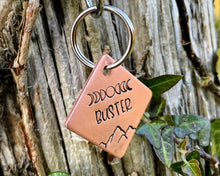 Load image into Gallery viewer, Small dog id tag, square pet tag hand stamped with moon phase design and mountains