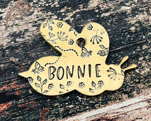 Load image into Gallery viewer, Bee dog id tag, bee shaped pet tag, hand stamped with flowers