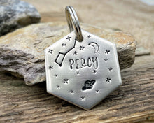 Load image into Gallery viewer, Hexagon dog tag, hand stamped with galaxy design, saturn, moon & stars