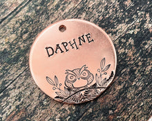 Load image into Gallery viewer, Large dog id tag, hand stamped with grumpy owl