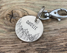 Load image into Gallery viewer, Dog name tag, hand stamped with mountains and trees