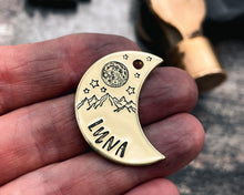 Load image into Gallery viewer, Moon dog tag, hand-stamped with mountains, moon & stars
