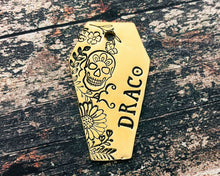 Load image into Gallery viewer, Coffin dog id tag with sugar skull and flower design, double-sided pet id tag with 2 phone numbers