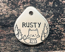 Load image into Gallery viewer, Cute foxdog tag, tear drop pet id tag with trees and fox design, double-sided dog tag with 2 phone numbers
