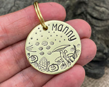 Load image into Gallery viewer, Hand stamped dog id tag with mushrooms and spooky pumpkins