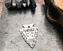 Load image into Gallery viewer, Arrowhead dog tag with mushrooms, cute metal pet id tag double-sided with 2 phone numbers