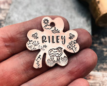 Load image into Gallery viewer, Shamrock pet name tag with sheep, hand-stamped double-sided dog tag with 2 phone numbers