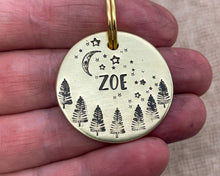 Load image into Gallery viewer, Tree dog tag, hand-stamped with moon and stars