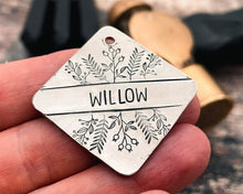 Load image into Gallery viewer, Metal dog tag, hand stamped square boy dog tag with foliage design