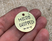 Load image into Gallery viewer, Microchipped dog tag, hand stamped with crown and phone number