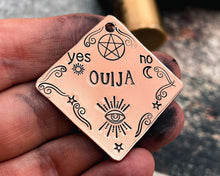 Load image into Gallery viewer, Ouija spooky dog tag, hand stamped square dog id tag with ouija design, 2 phone numbers or address on the back