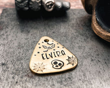 Load image into Gallery viewer, Spooky guitar pick dog id tag, hand stamped with bats, skull and cobwebs