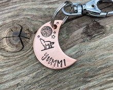 Load image into Gallery viewer, Moon dog tag, hand-stamped with howling wolf & moon
