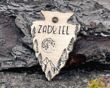 Load image into Gallery viewer, Arrow head dog tag with mountains, moon & trees