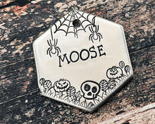 Load image into Gallery viewer, Hexagon dog tag, hand stamped with spooky Halloween design