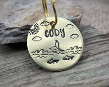 Load image into Gallery viewer, Dog id tag, hand stamped with ocean design, whale & sharks