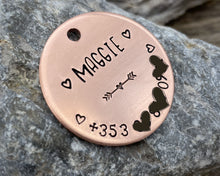 Load image into Gallery viewer, Dog id tag, hand stamped with phone number & hearts