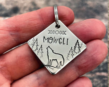 Load image into Gallery viewer, Square dog id tag, small pet tag hand stamped with howling wolf and trees