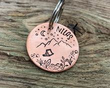 Load image into Gallery viewer, Mountain dog tag, hand-stamped with river, tent and stars