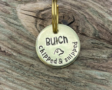 Load image into Gallery viewer, Microchipped dog tag, hand stamped with 'chipped & snipped'
