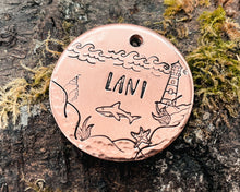 Load image into Gallery viewer, Dog tag, ocean design with shark & lighthouse