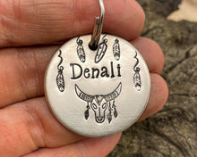 Load image into Gallery viewer, Boho dog tag, hand stamped with longhorn and feathers