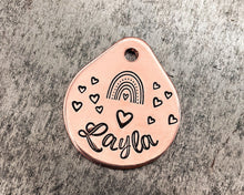 Load image into Gallery viewer, Cute small dog tag, tear drop pet id tag with heart and rainbow design, double-sided dog tag with 2 phone numbers