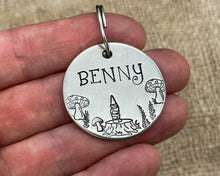Load image into Gallery viewer, Cute dog id tag with mushrooms and cute gnome on a tree stump