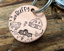 Load image into Gallery viewer, Dog id tag, hand stamped with sheep, pickup truck and barn shed
