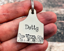 Load image into Gallery viewer, Custom dog id tag, cow ear tag, hand stamped pet id tag with cute cow and flower design