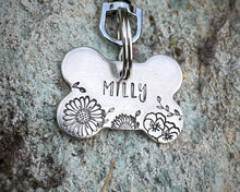 Load image into Gallery viewer, Bone dog id tag, handstamped with flowers