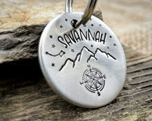 Load image into Gallery viewer, Dog id tag, hand stamped with compass, mountains & star design