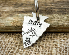 Load image into Gallery viewer, Arrow head dog tag with mountain range, sunrise & cute fox