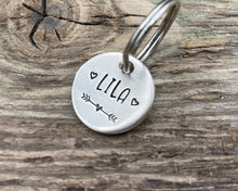 Load image into Gallery viewer, Cat name tag, hand stamped with hearts
