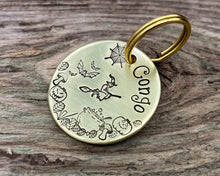 Load image into Gallery viewer, Halloween dog tag with cobwebs and witch