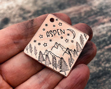 Load image into Gallery viewer, Square dog id tag, hand stamped with mountains, trees, moon & stars