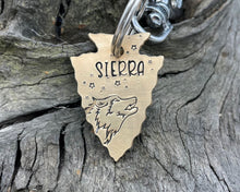 Load image into Gallery viewer, Arrow head dog id tag with wolfhead design