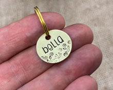 Load image into Gallery viewer, Cute cat name tag, hand stamped leaf and flower design