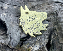 Load image into Gallery viewer, Wolf head dog tag, handstamped with wolf & trees