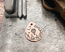 Load image into Gallery viewer, Cute small dog tag, tear drop pet id tag with hot air balloon and tree design, 2 phone numbers
