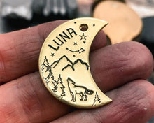 Load image into Gallery viewer, cute dog id tag with mountains and wolf