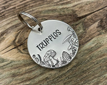 Load image into Gallery viewer, Fall dog tag, hand stamped with mushrooms, leaves and pine cone